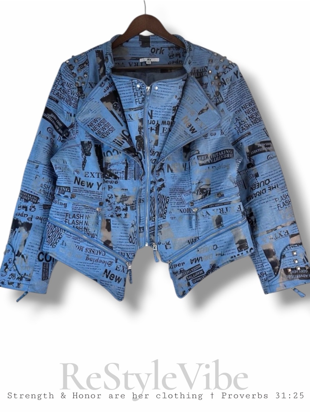 SX Women’s Size 3XL Jacket Coat Moto Style New Newspaper Print Pattern Zippers